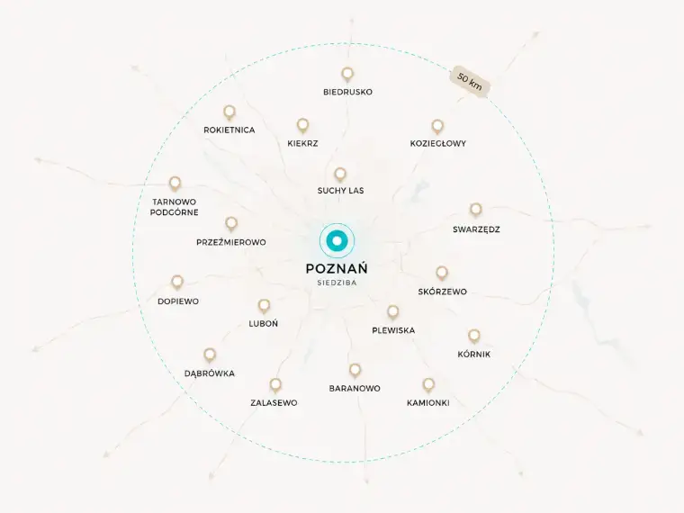 Mapa obszaru działania Michał Kosmowski Czyste Powierzchnie – Poznań i okolice w promieniu 50 km